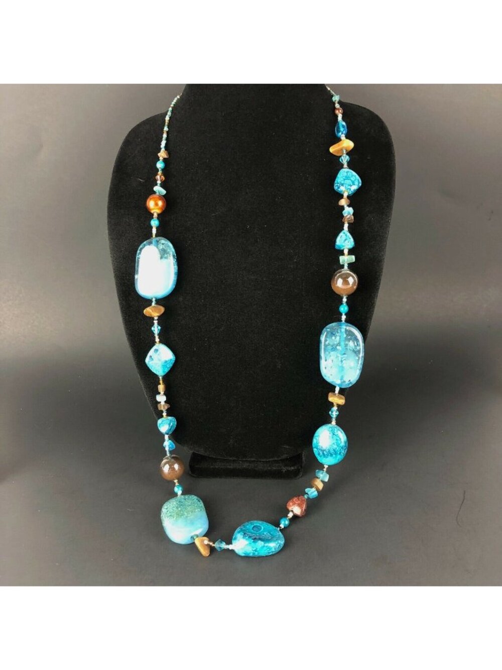 Long Acrylic Turquoise and Brown Beaded Necklace Silver Tone Adjustable